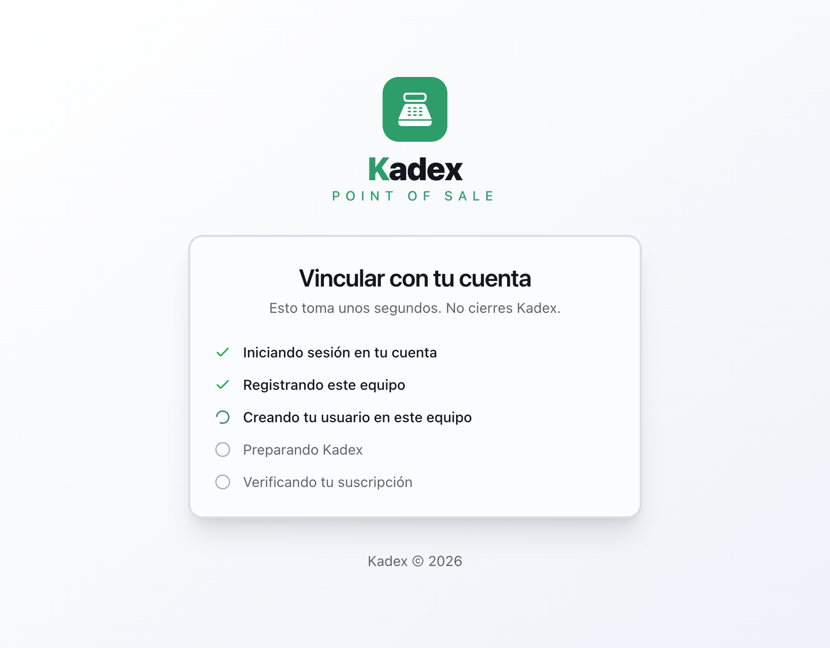 Pantalla «Vincular con tu cuenta» con los cinco pasos del vínculo, dos completados y uno en curso